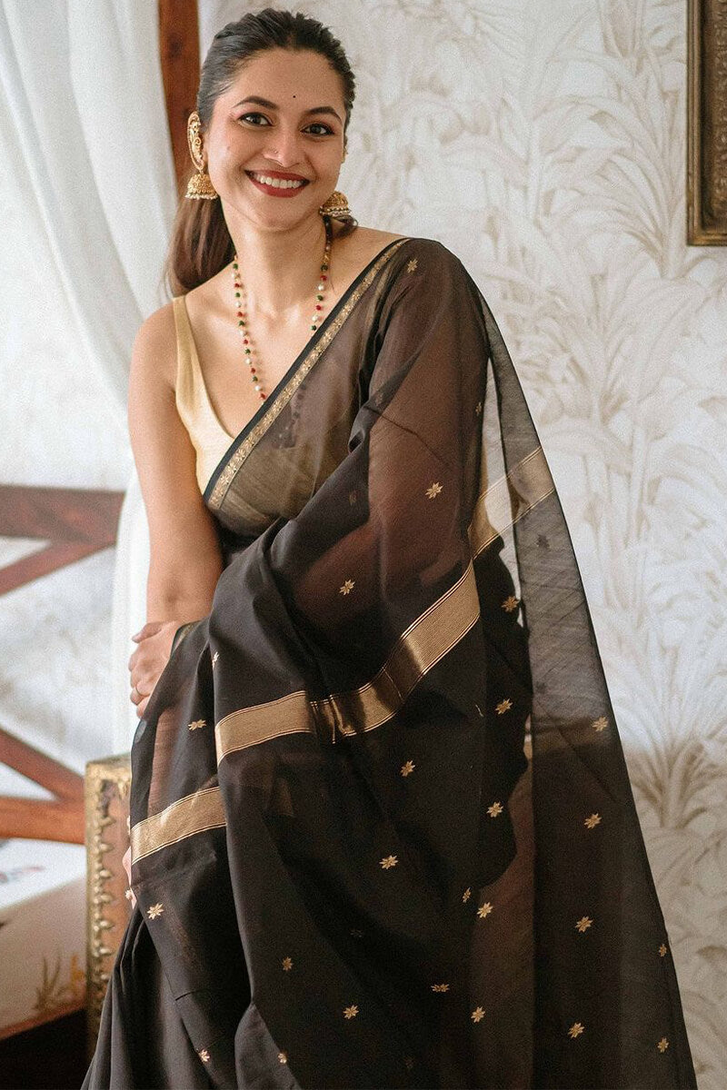 Coal Black Maheshawari Cotton Silk Saree