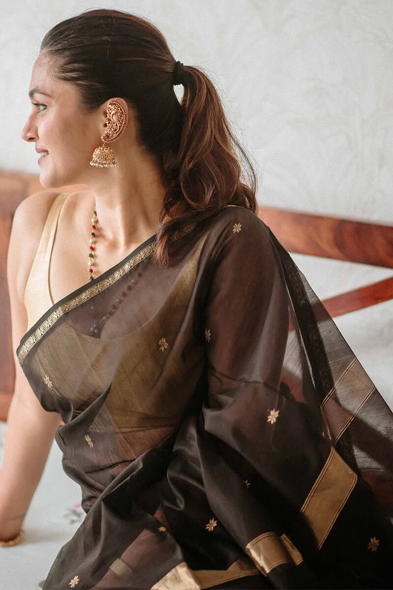 Coal Black Maheshawari Cotton Silk Saree