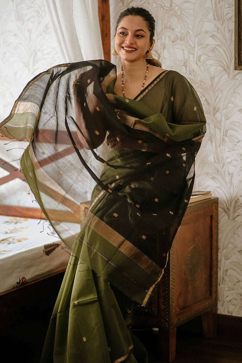 Thatch Green Maheshawari Cotton Silk Saree