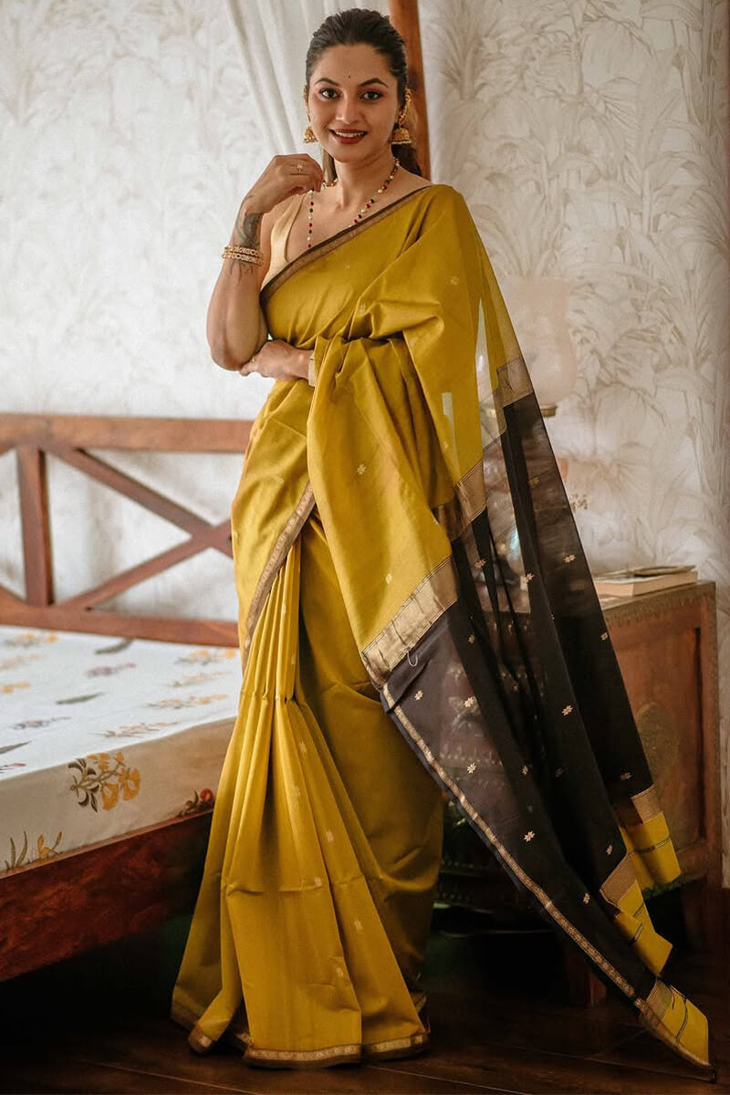 Cool Mustard Maheshawari Cotton Silk Saree