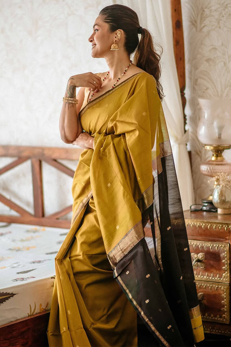 Cool Mustard Maheshawari Cotton Silk Saree