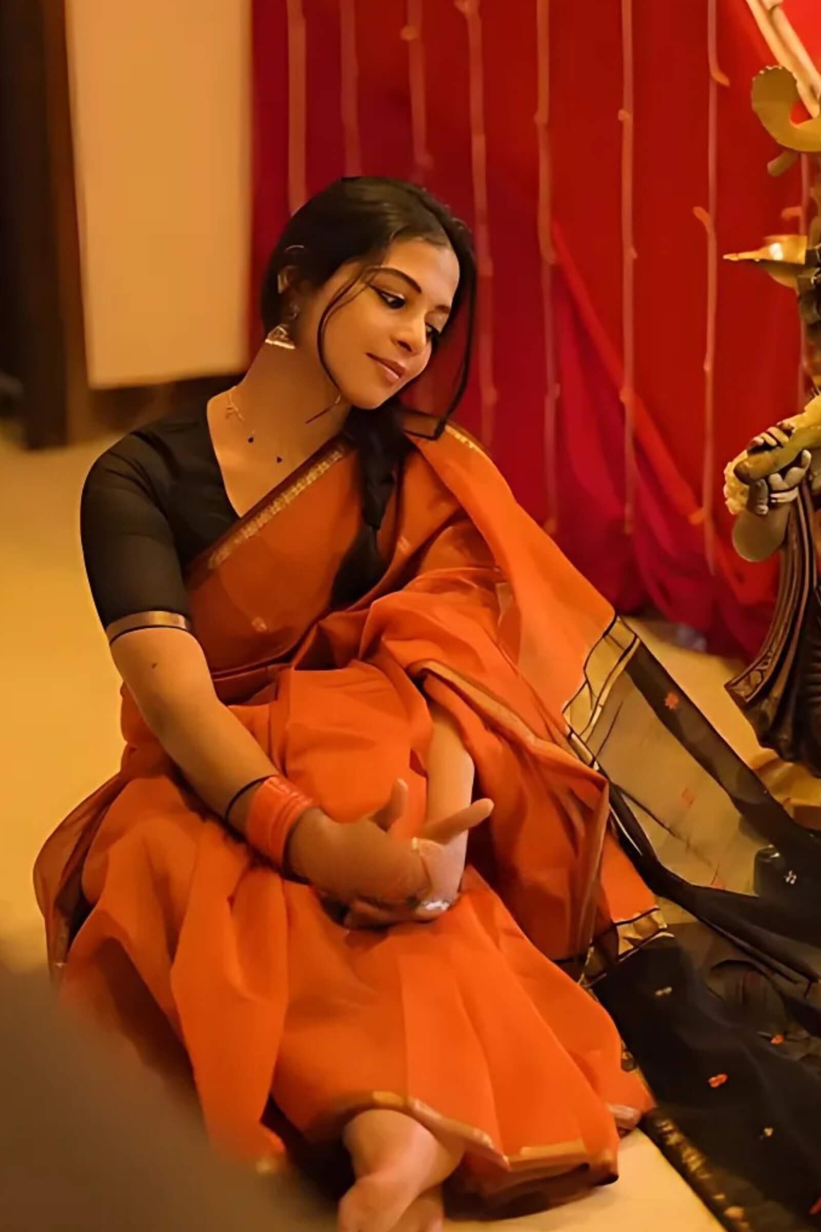 Reddish Orange Maheshawari Cotton Silk Saree