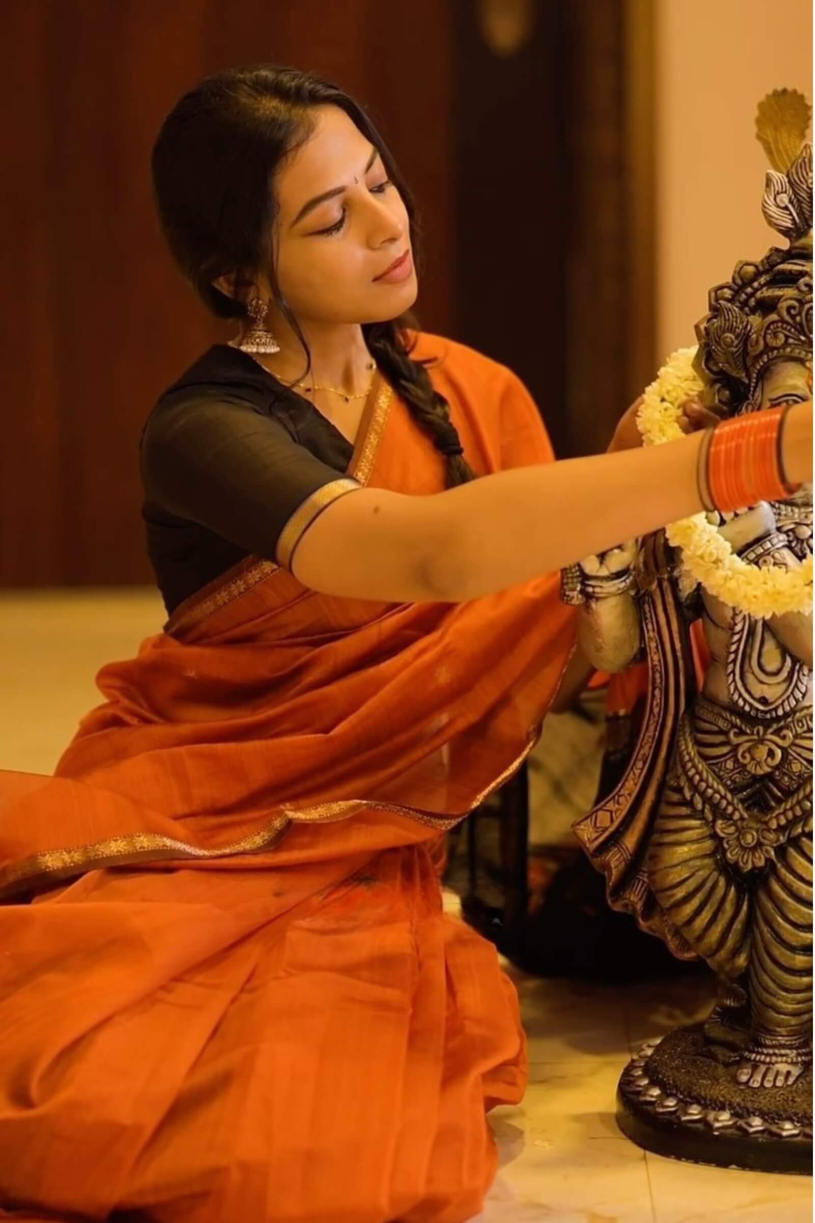 Reddish Orange Maheshawari Cotton Silk Saree