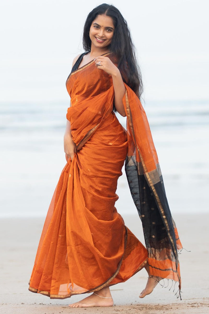 Flame Orange Maheshawari Cotton Silk Saree