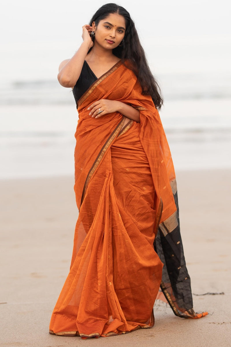 Flame Orange Maheshawari Cotton Silk Saree