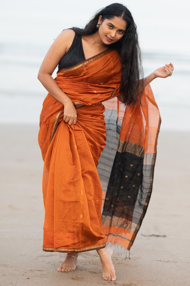 Flame Orange Maheshawari Cotton Silk Saree