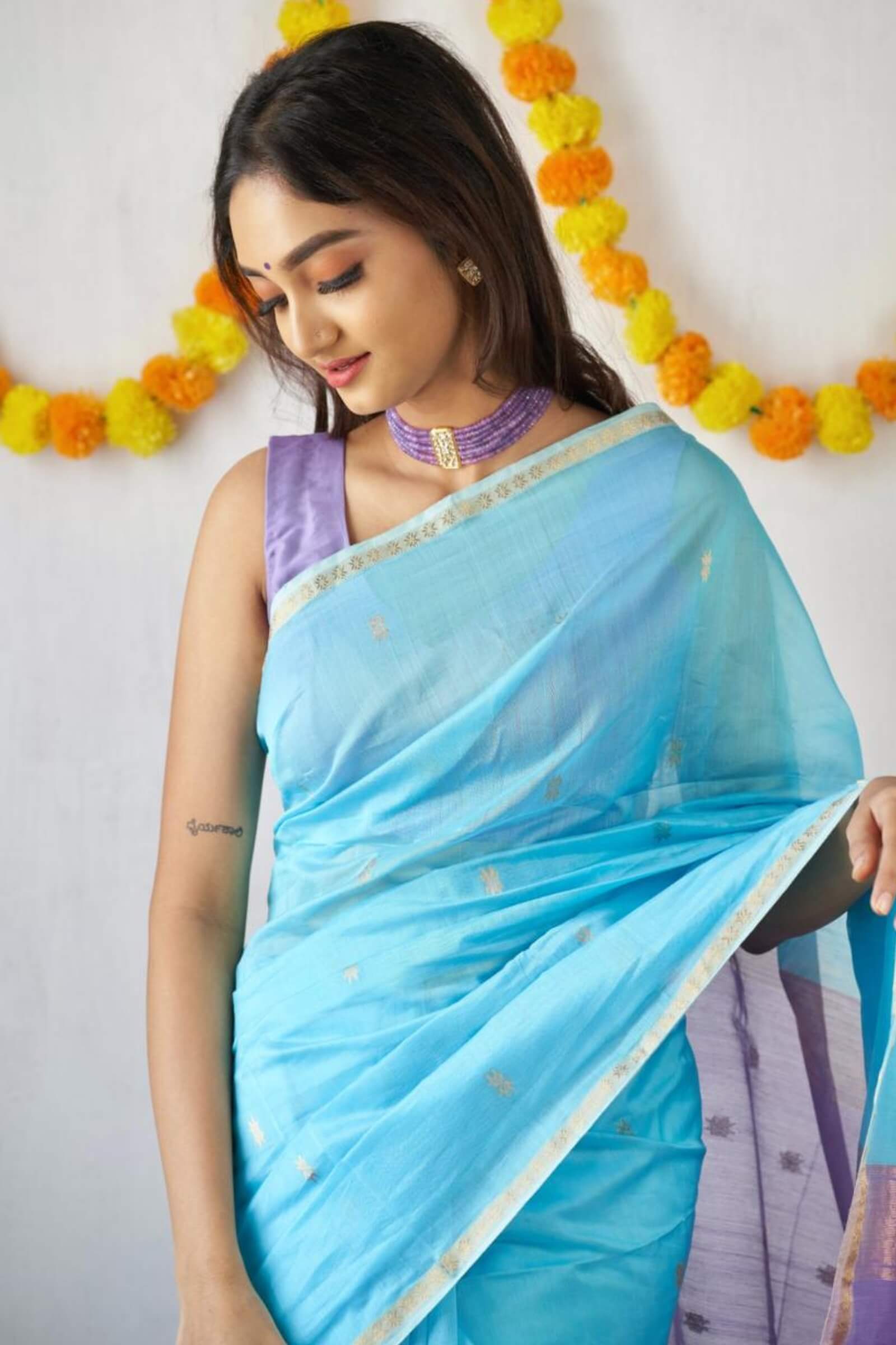 Day Sky Blue Maheshawari Cotton Silk Saree