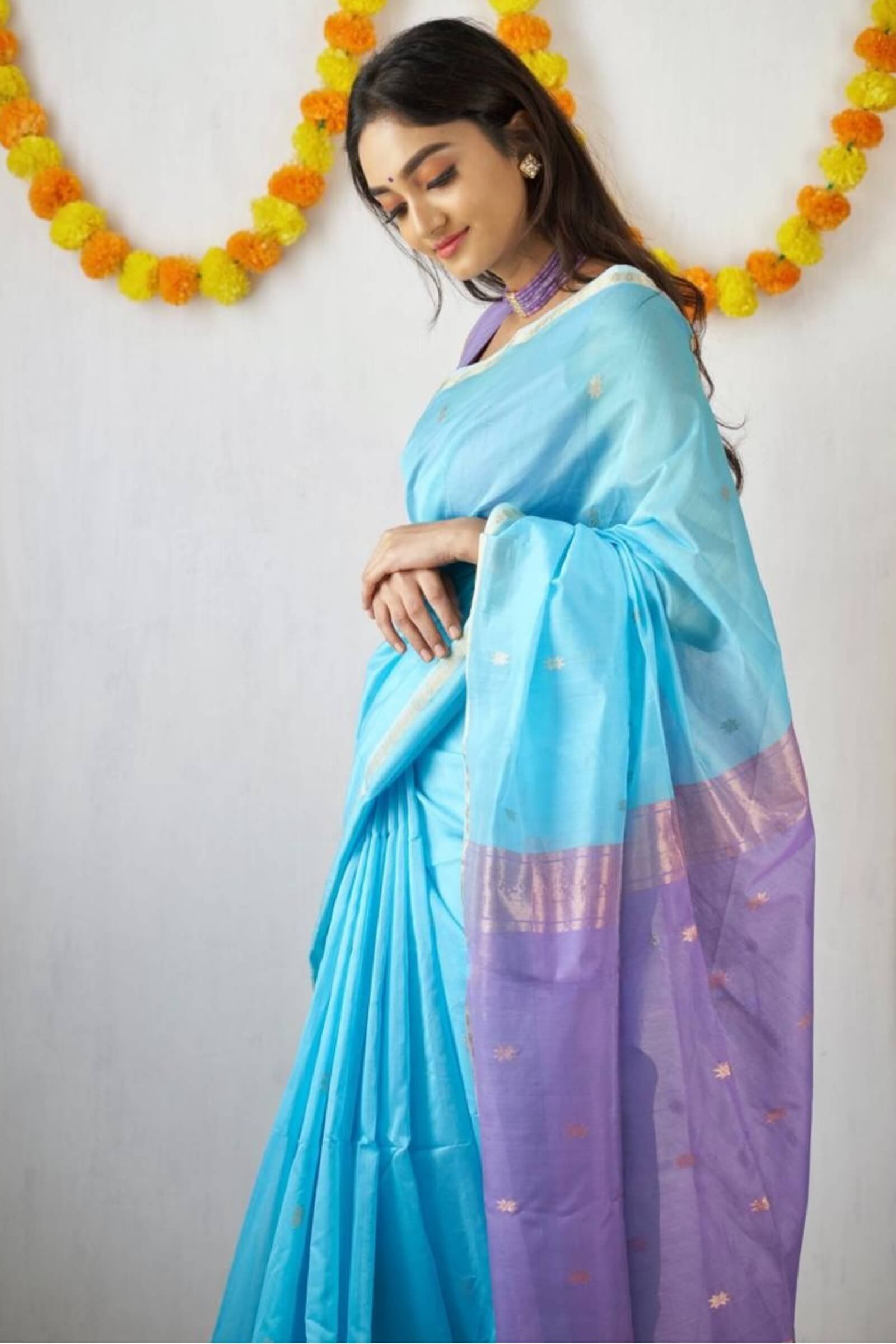 Day Sky Blue Maheshawari Cotton Silk Saree