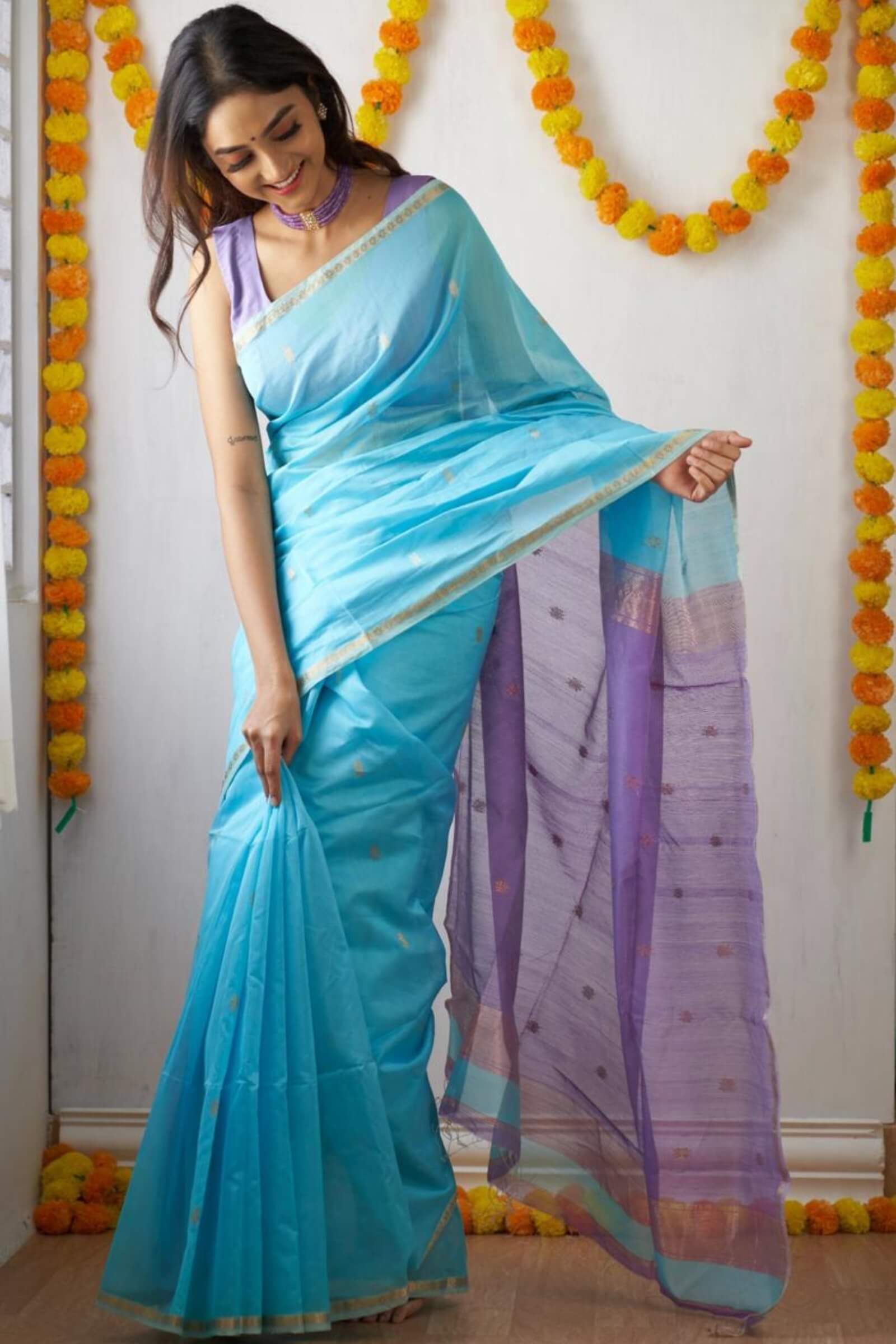 Day Sky Blue Maheshawari Cotton Silk Saree