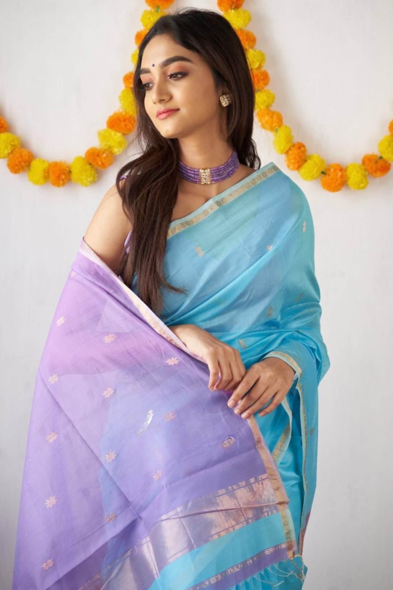 Day Sky Blue Maheshawari Cotton Silk Saree