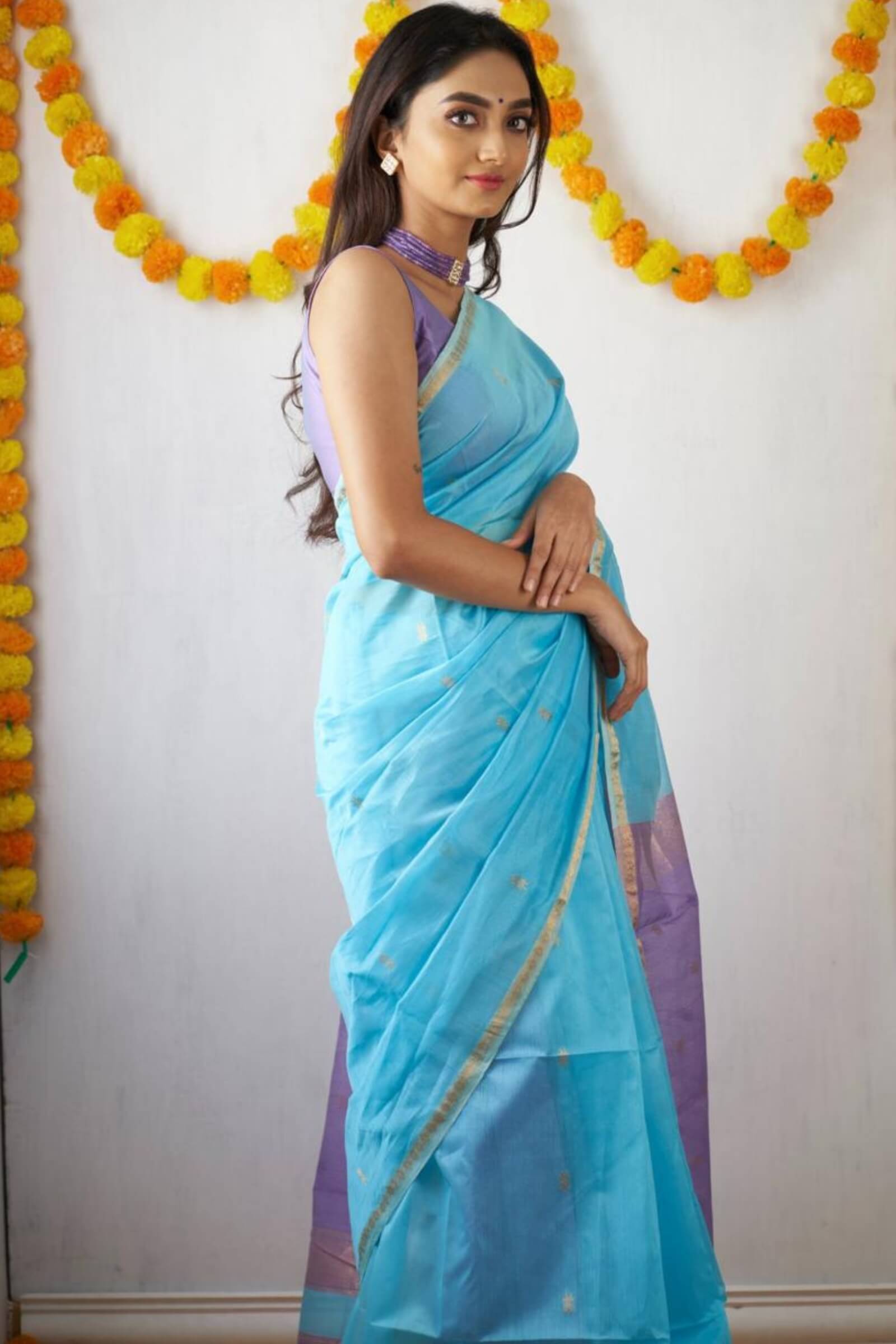 Day Sky Blue Maheshawari Cotton Silk Saree