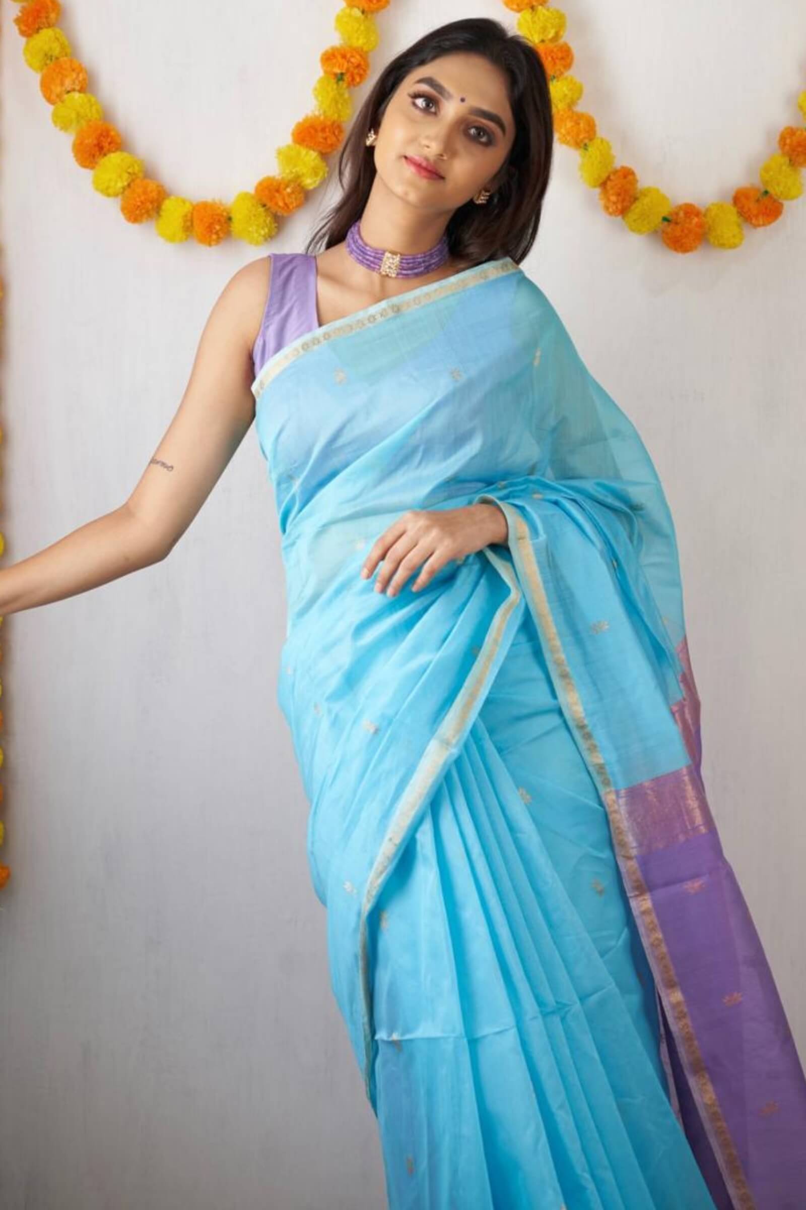Day Sky Blue Maheshawari Cotton Silk Saree
