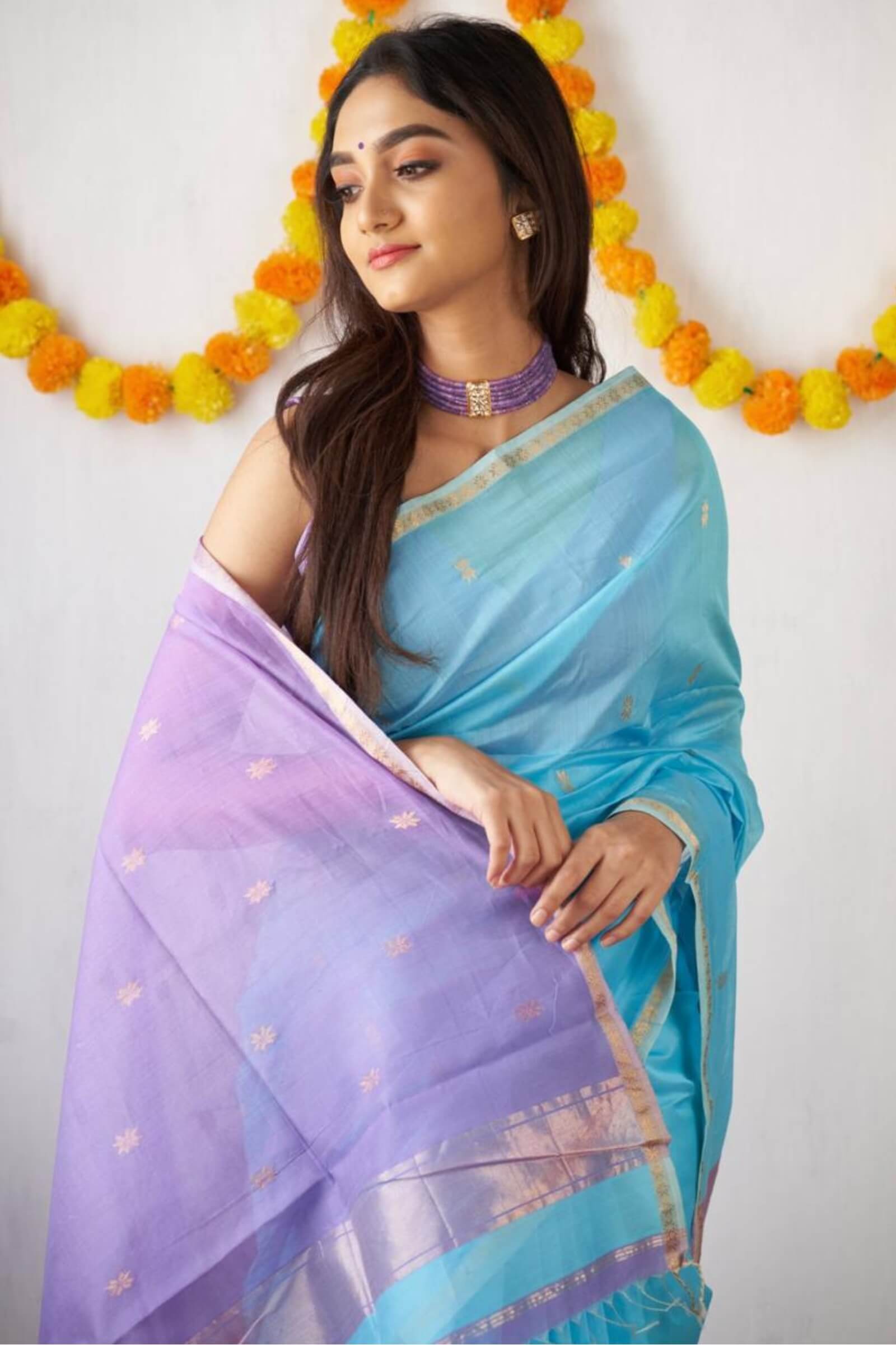 Day Sky Blue Maheshawari Cotton Silk Saree
