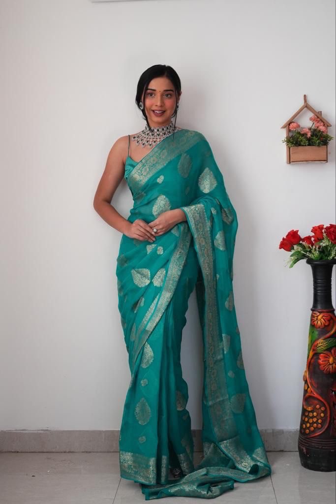 Charming 1-Minute Ready To Wear Sea Green Soft Silk Saree