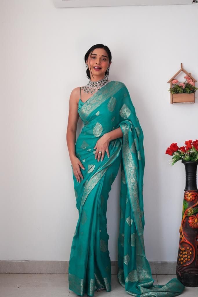 Charming 1-Minute Ready To Wear Sea Green Soft Silk Saree