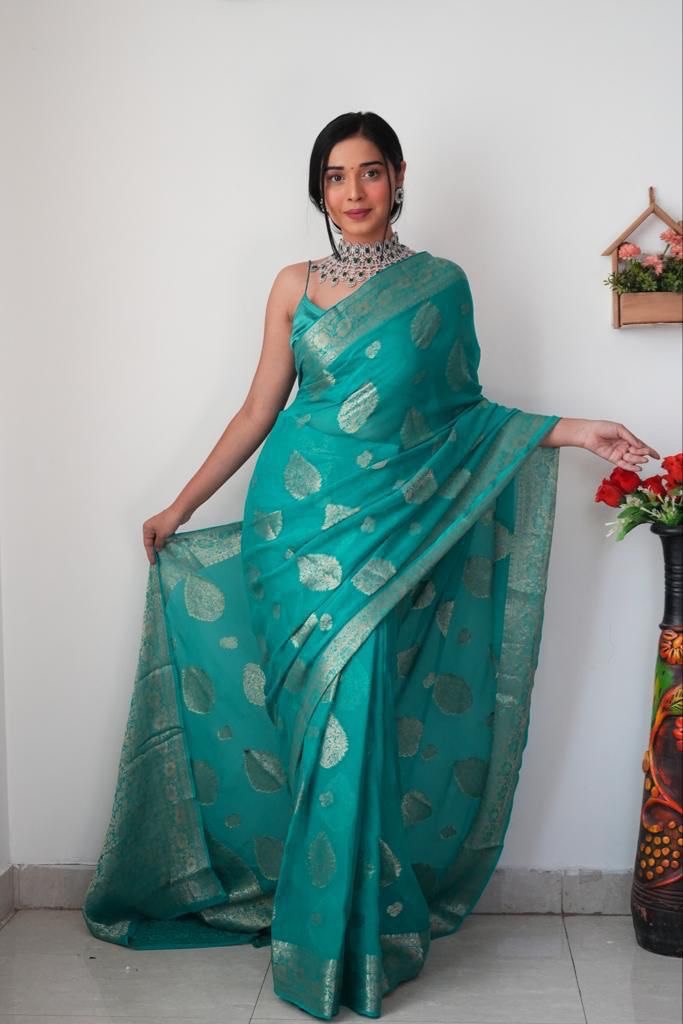 Charming 1-Minute Ready To Wear Sea Green Soft Silk Saree