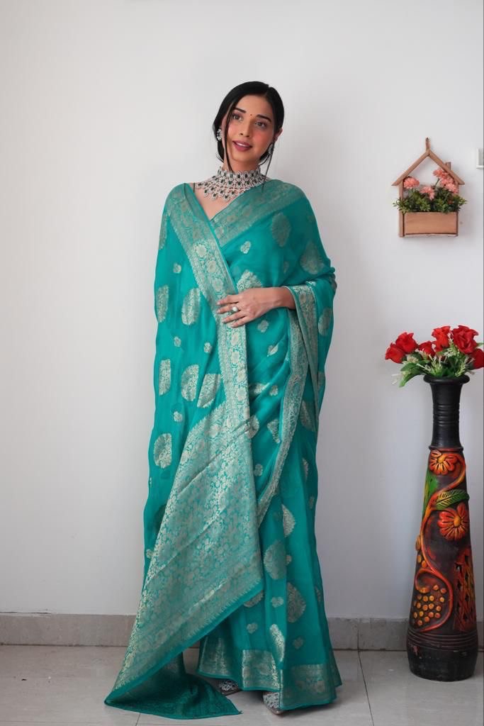 Charming 1-Minute Ready To Wear Sea Green Soft Silk Saree