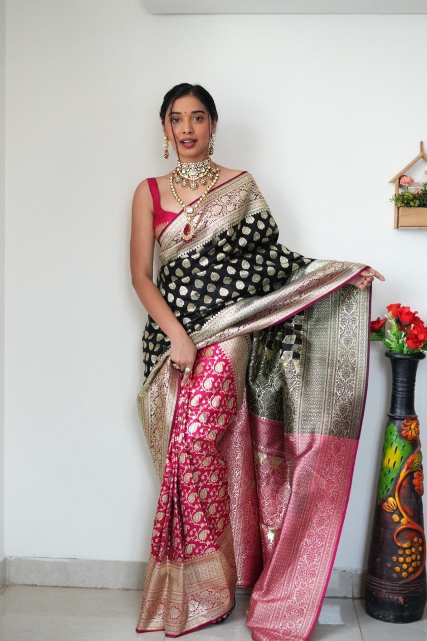 Staring 1-Minute Ready To Wear Black Soft Silk Saree