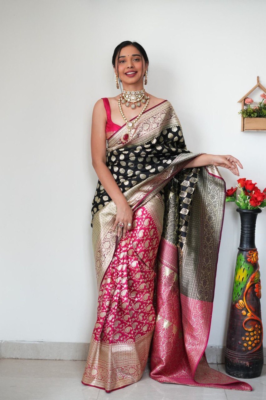 Staring 1-Minute Ready To Wear Black Soft Silk Saree