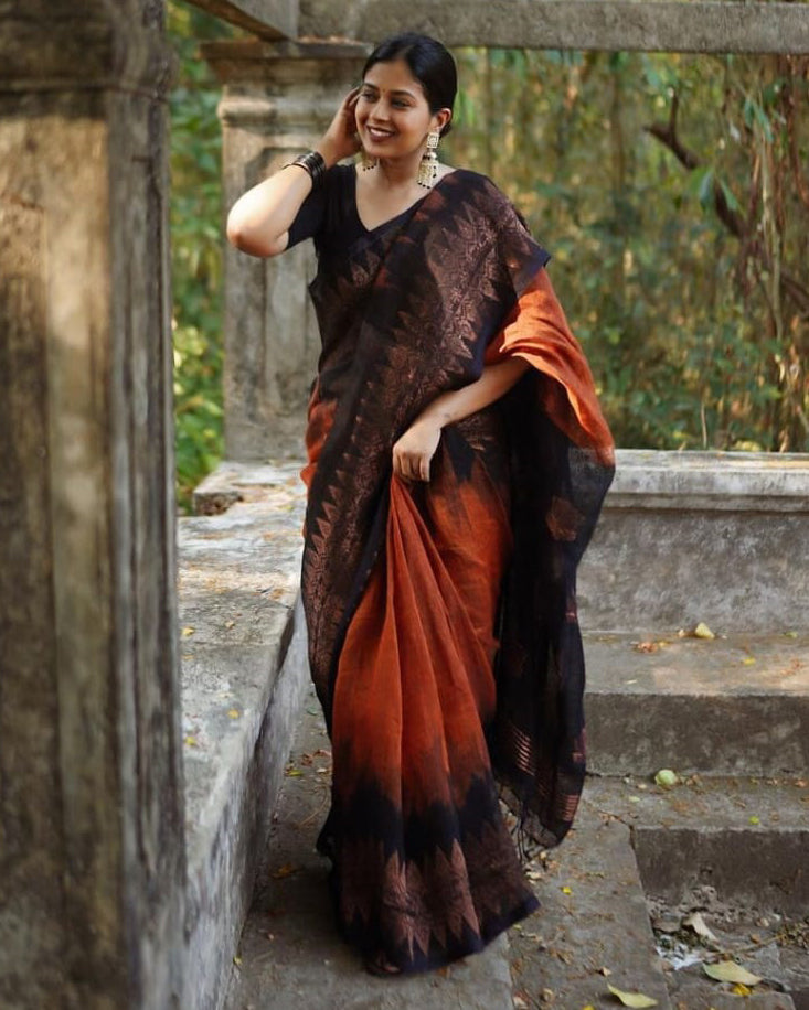 Tiger Orange Maheshawari Cotton Silk Saree