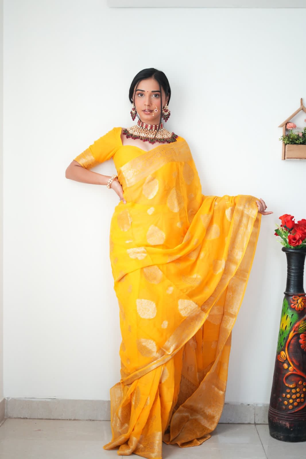 Adorning 1-Minute Ready To Wear Yellow Cotton Silk Saree