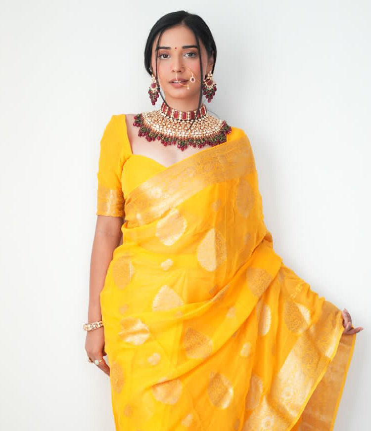 Adorning 1-Minute Ready To Wear Yellow Cotton Silk Saree