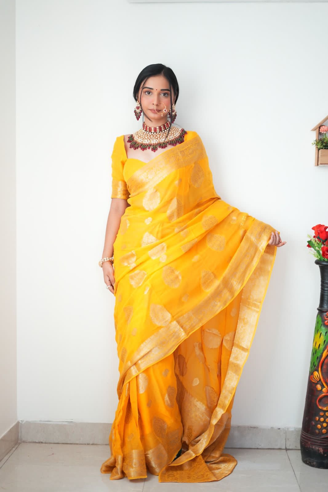 Adorning 1-Minute Ready To Wear Yellow Cotton Silk Saree