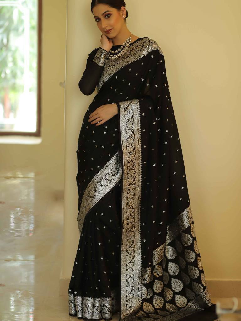 Classy Black Cotton Silk Saree With Sizzling Blouse Piece