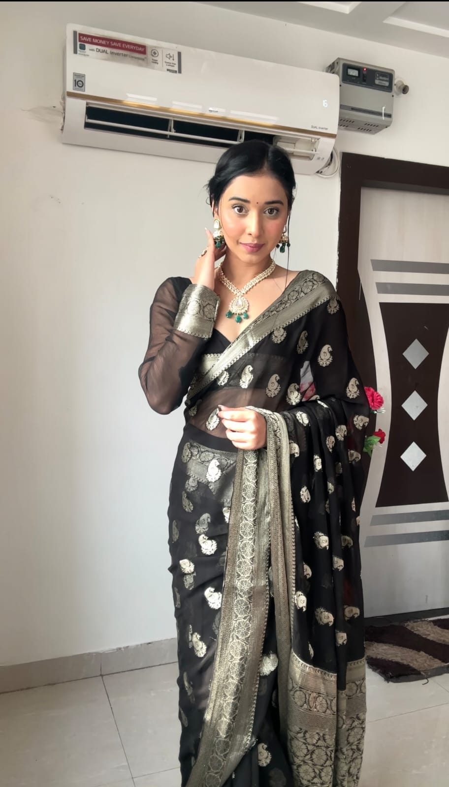 Vivacious 1-Minute Ready To Wear Black Cotton Silk Saree