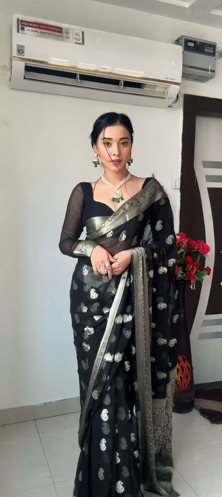 Vivacious 1-Minute Ready To Wear Black Cotton Silk Saree