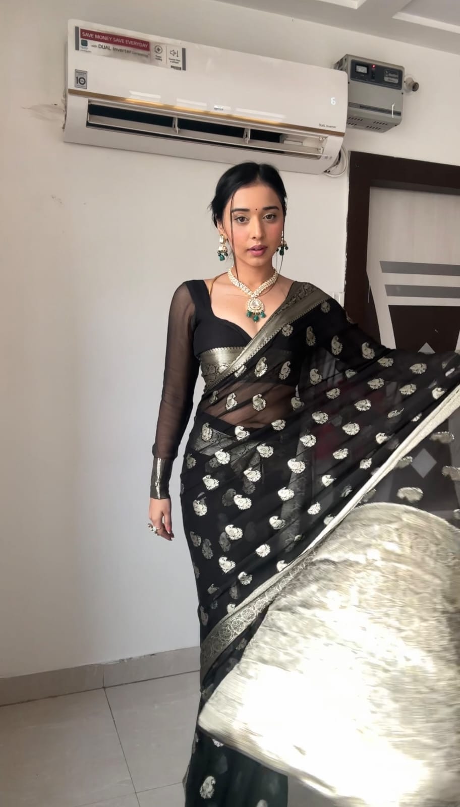 Vivacious 1-Minute Ready To Wear Black Cotton Silk Saree