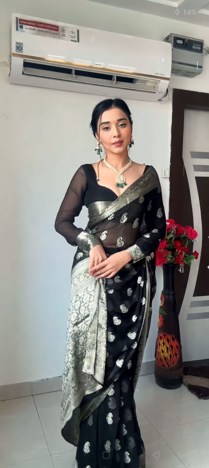 Vivacious 1-Minute Ready To Wear Black Cotton Silk Saree