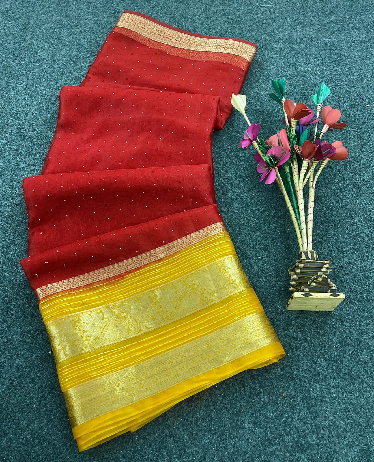Glowing Red Organza Silk Saree With Exemplary Blouse Piece