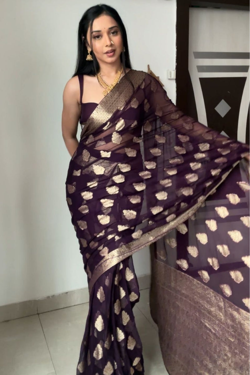 Magnificat 1-Minute Ready To Wear Dark Purple Cotton Silk Saree