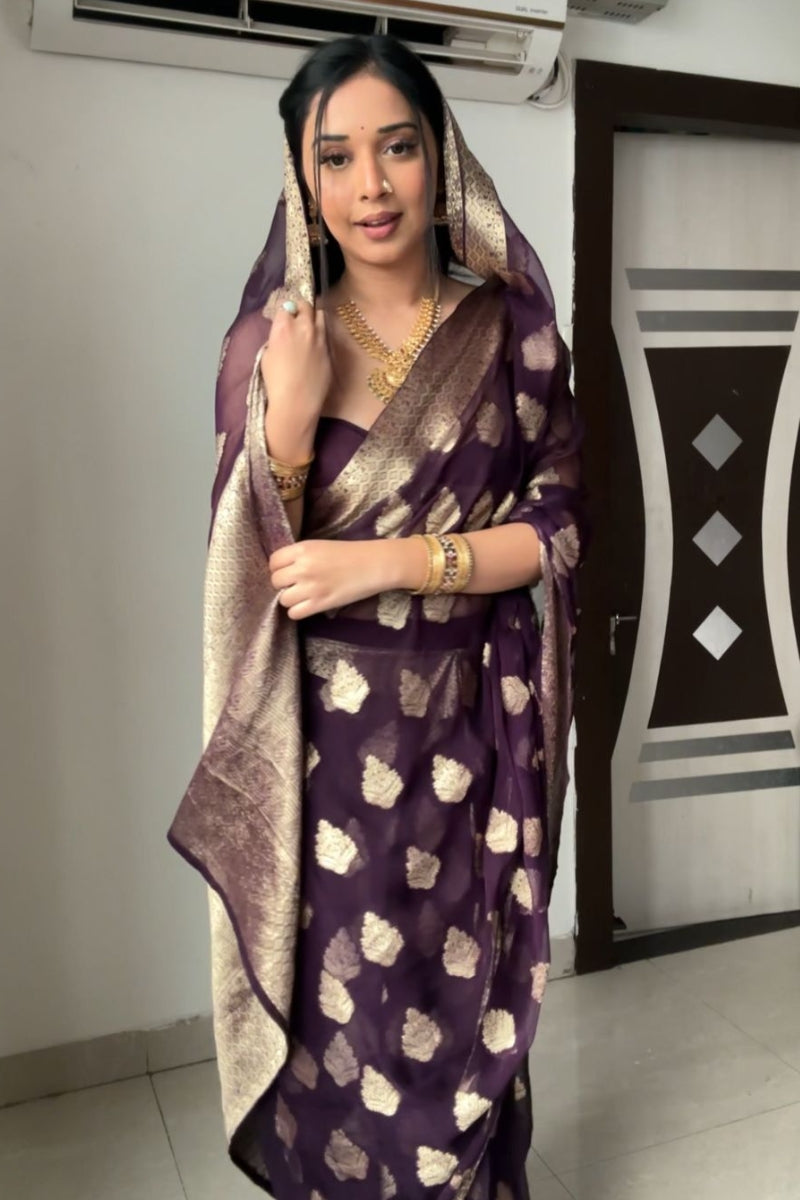 Magnificat 1-Minute Ready To Wear Dark Purple Cotton Silk Saree