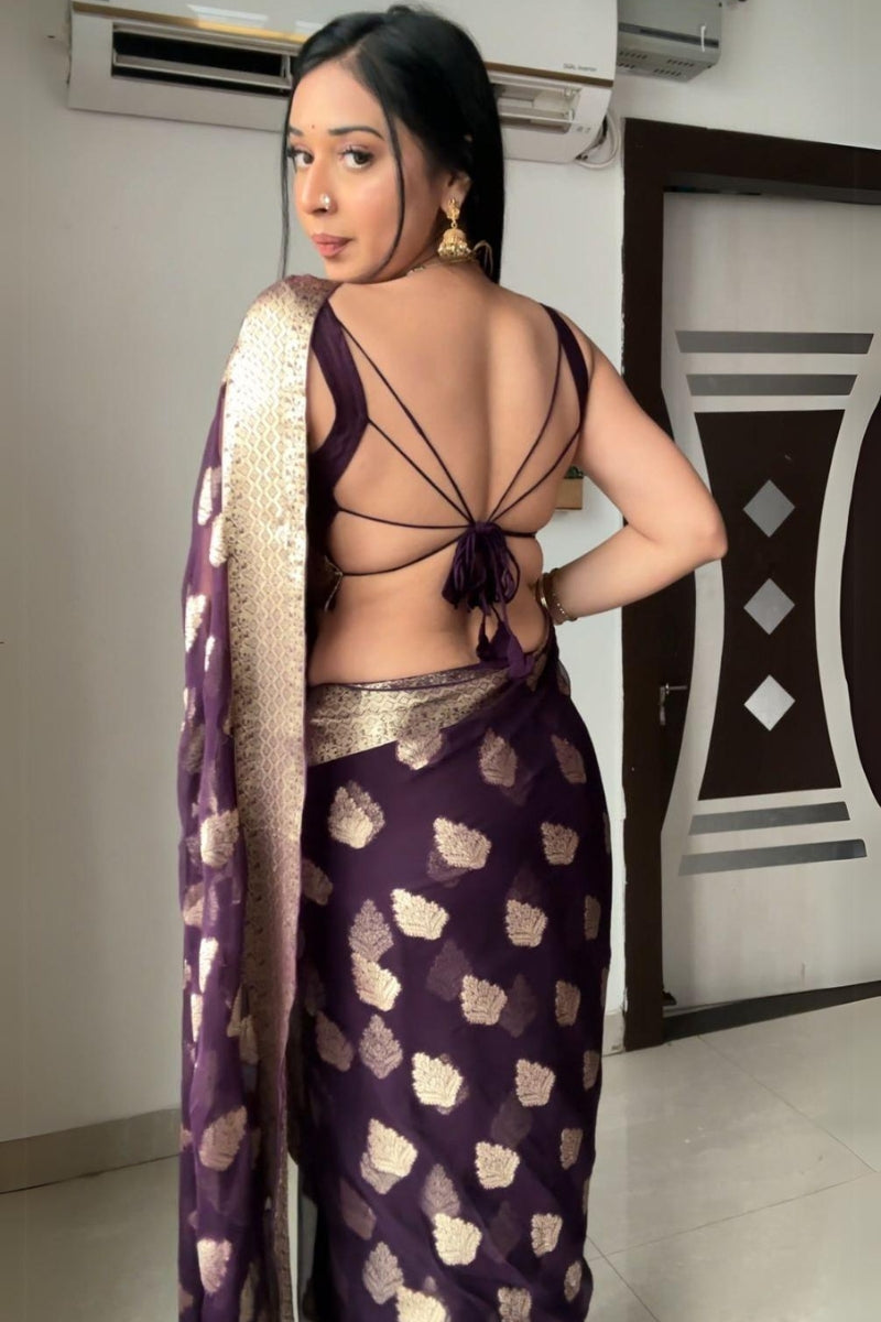 Magnificat 1-Minute Ready To Wear Dark Purple Cotton Silk Saree