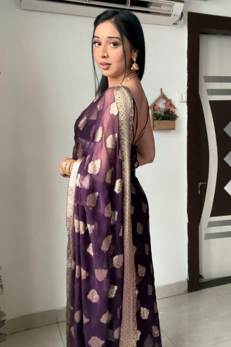 Magnificat 1-Minute Ready To Wear Dark Purple Cotton Silk Saree