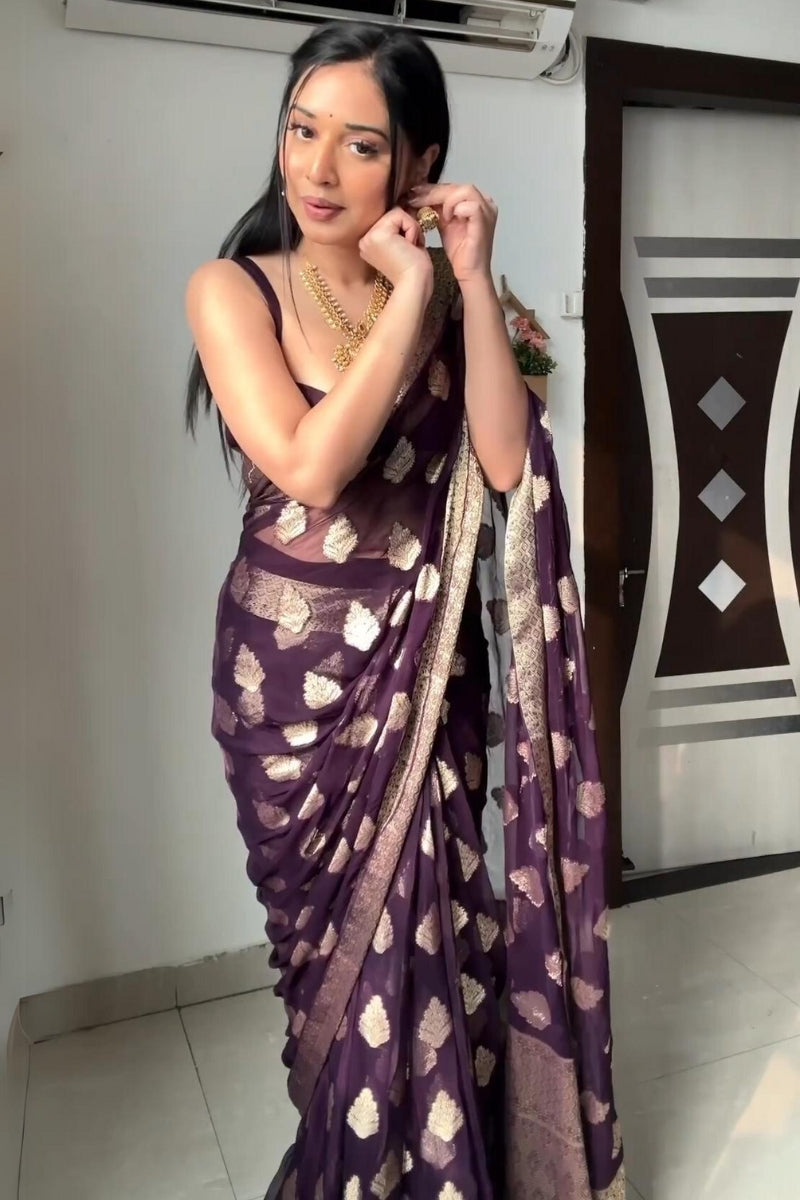 Magnificat 1-Minute Ready To Wear Dark Purple Cotton Silk Saree