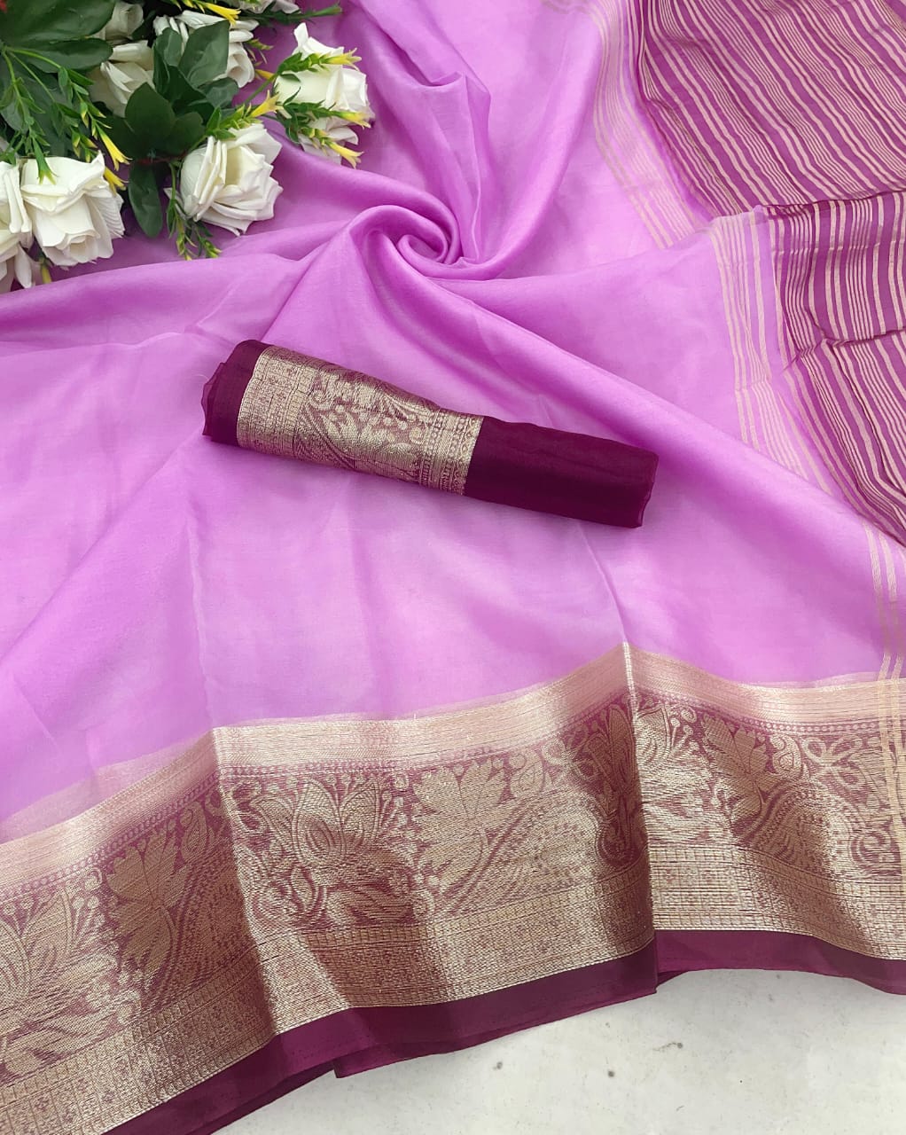 Amiable Lavender Orgenza Silk Saree With Intricate Blouse Piece