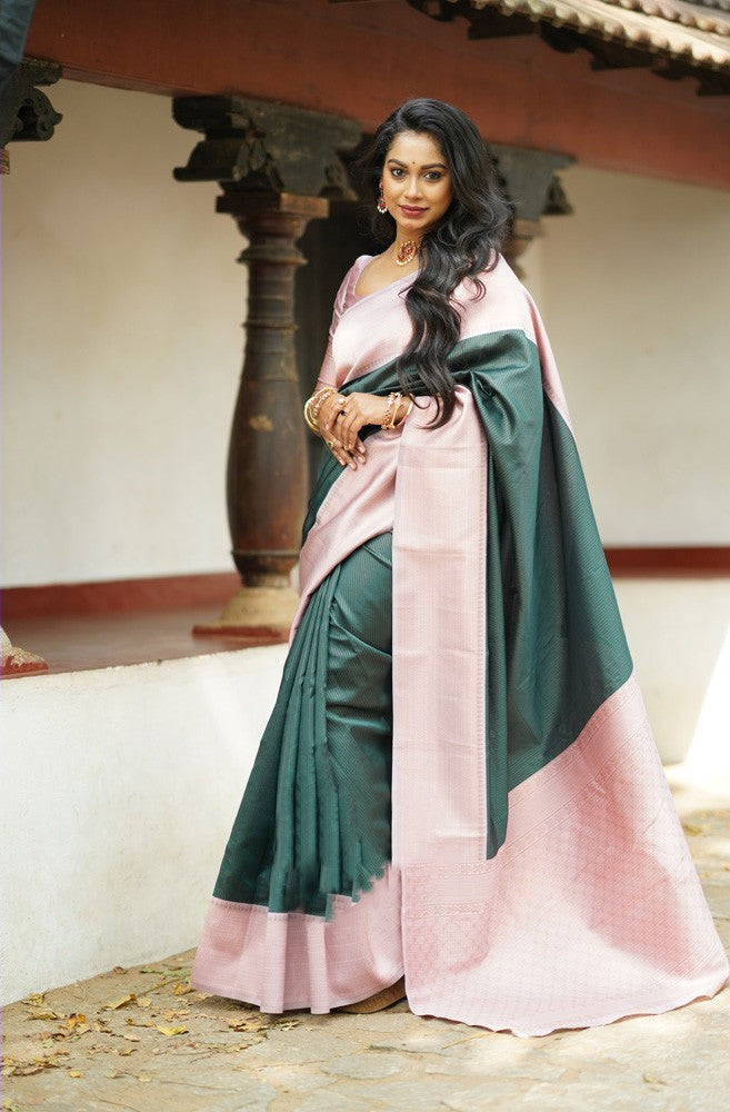 Redolent Dark Green Soft Silk Saree With Gorgeous Blouse Piece