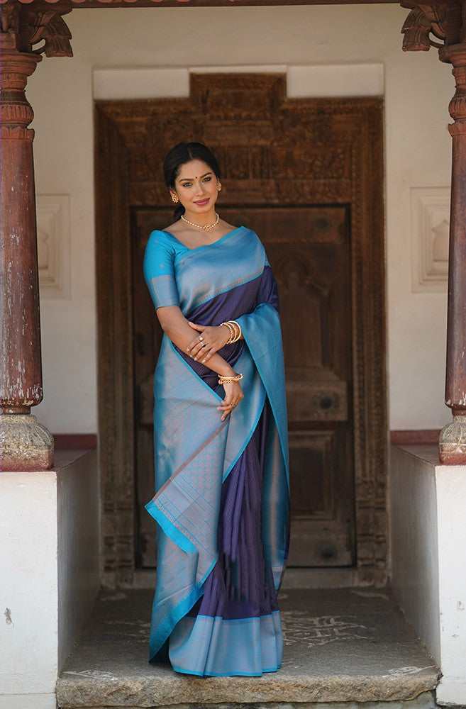 Quintessential Navy Blue Soft Silk Saree With Extraordinary Blouse Piece