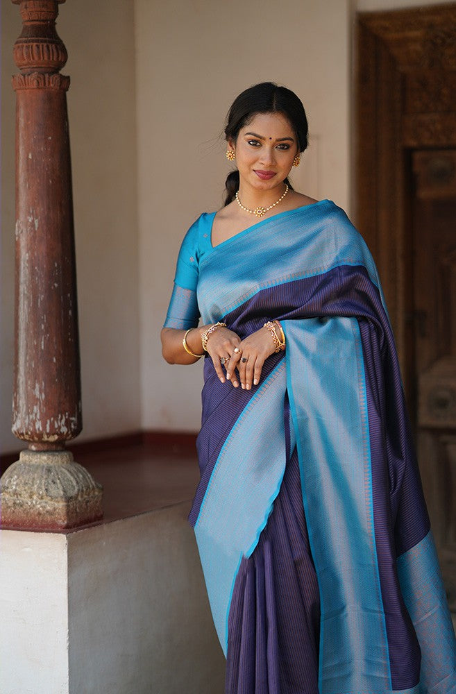 Quintessential Navy Blue Soft Silk Saree With Extraordinary Blouse Piece