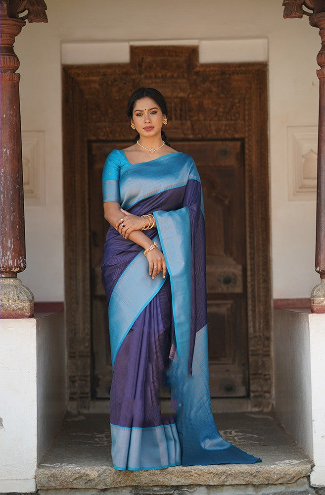 Quintessential Navy Blue Soft Silk Saree With Extraordinary Blouse Piece