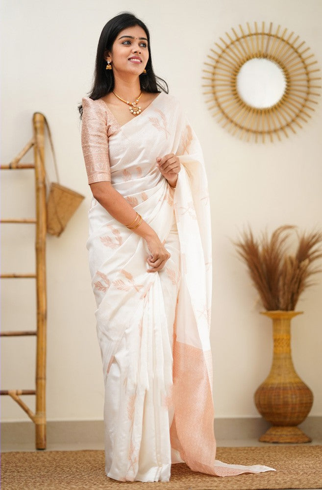 Diaphanous White Soft Silk Saree With Breathtaking Blouse Piece