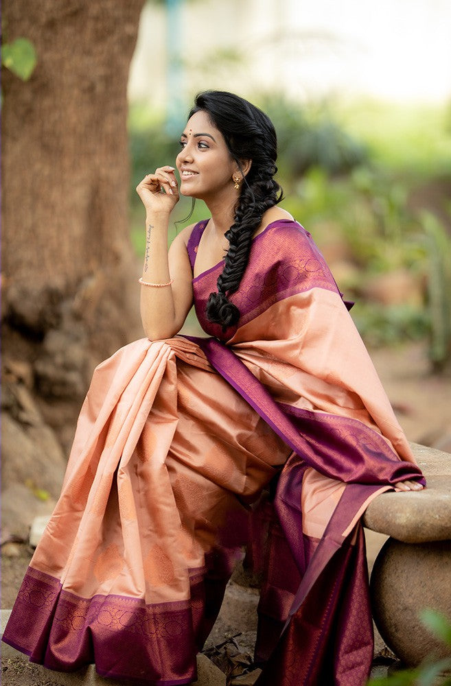 Glittering Peach Soft Silk Saree With Impressive Blouse Piece