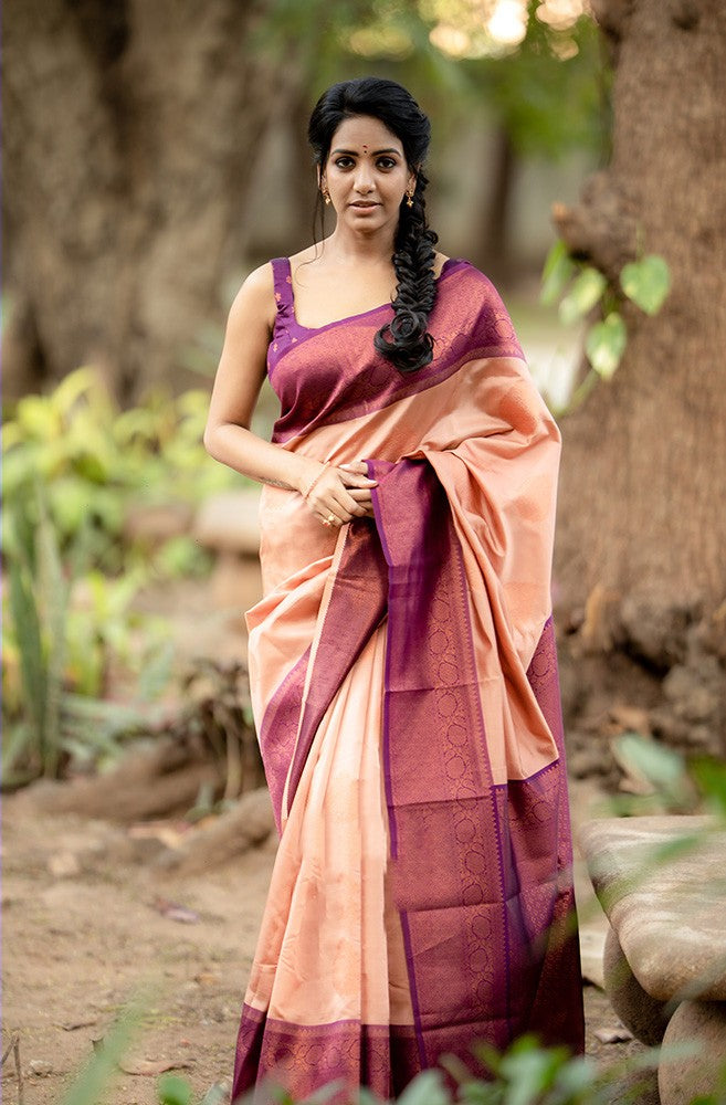 Glittering Peach Soft Silk Saree With Impressive Blouse Piece