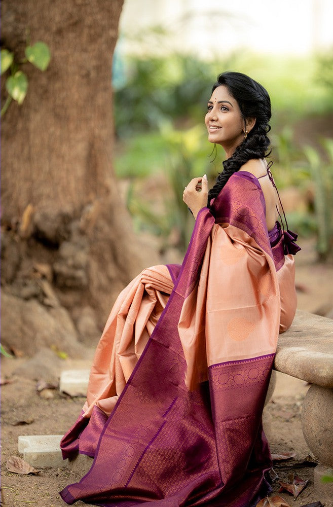 Glittering Peach Soft Silk Saree With Impressive Blouse Piece