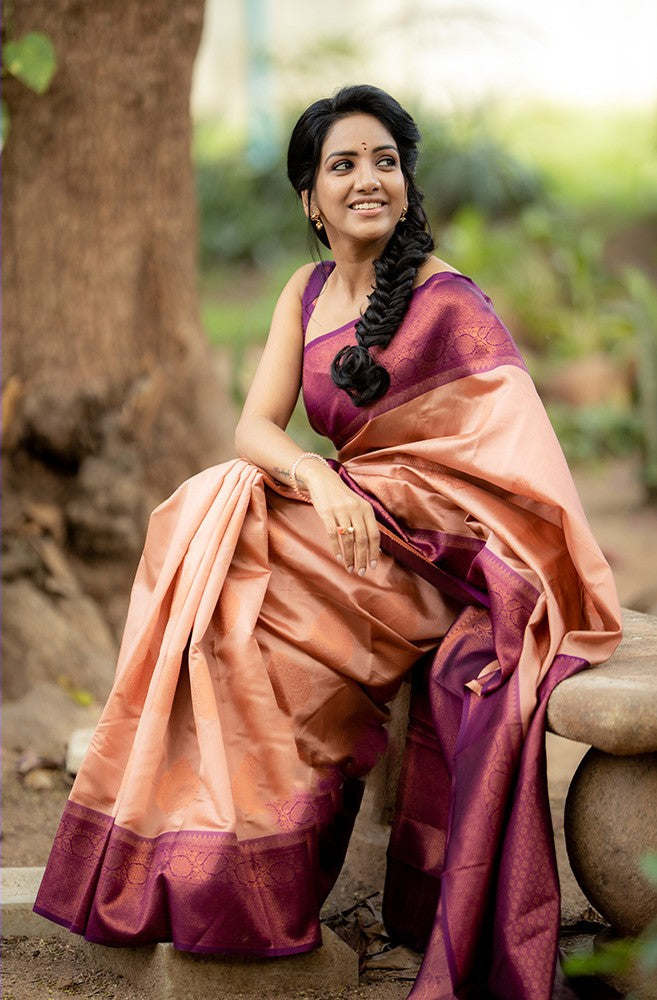 Glittering Peach Soft Silk Saree With Impressive Blouse Piece