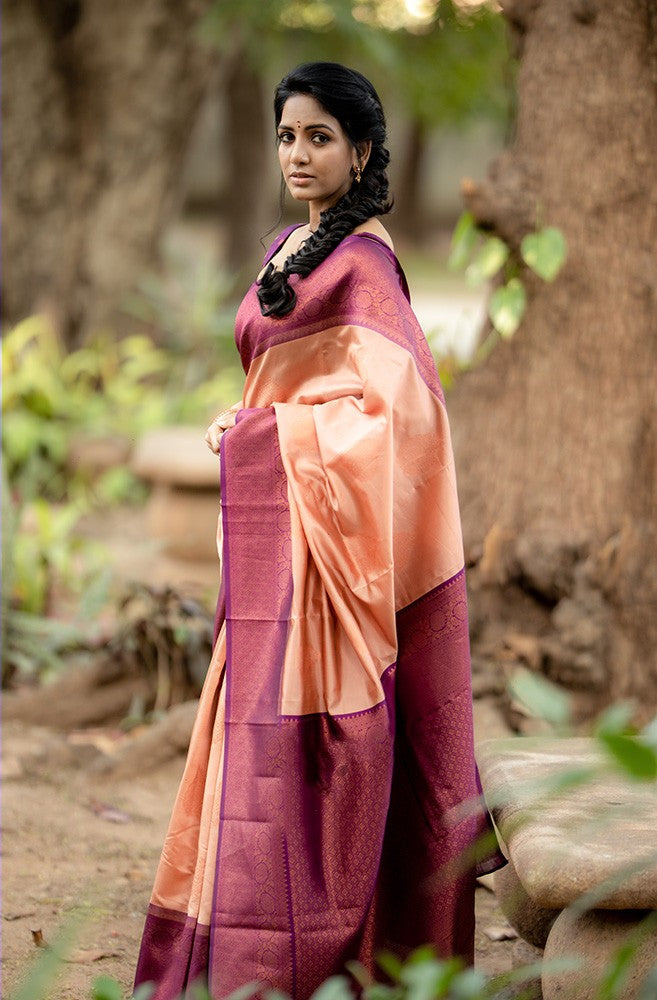 Glittering Peach Soft Silk Saree With Impressive Blouse Piece