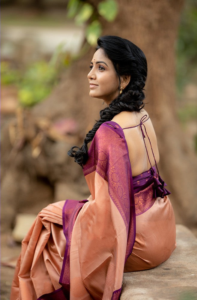 Glittering Peach Soft Silk Saree With Impressive Blouse Piece